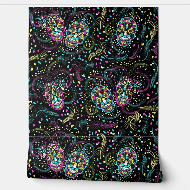 Abstract Colorful Spooky Skulls Halloween Wallpaper (Unrolling)