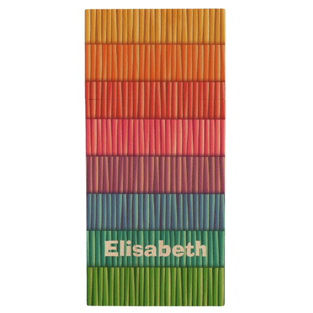 Abstract colorful stripes pattern name wood USB flash drive (Front Vertical)