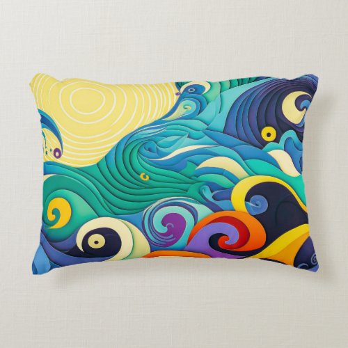 Abstract Colorful Sun Waves Line Art Illustration Accent Pillow