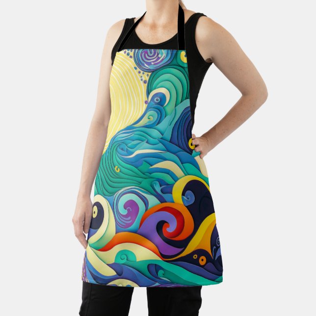 Abstract Colorful Sun Waves Line Art Illustration Apron (Insitu)