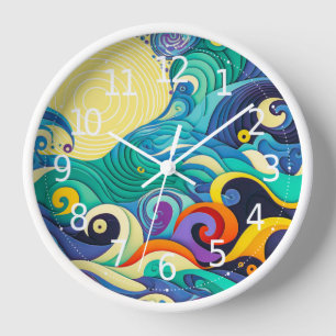 Abstract Colorful Sun Waves Line Art Illustration Clock