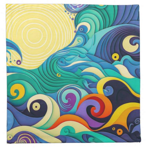 Abstract Colorful Sun Waves Line Art Illustration Cloth Napkin