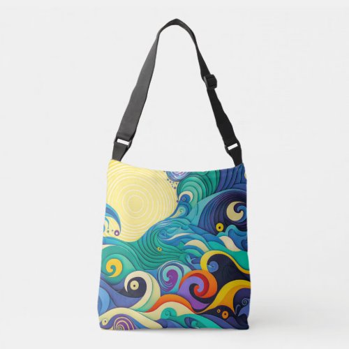 Abstract Colorful Sun Waves Line Art Illustration Crossbody Bag