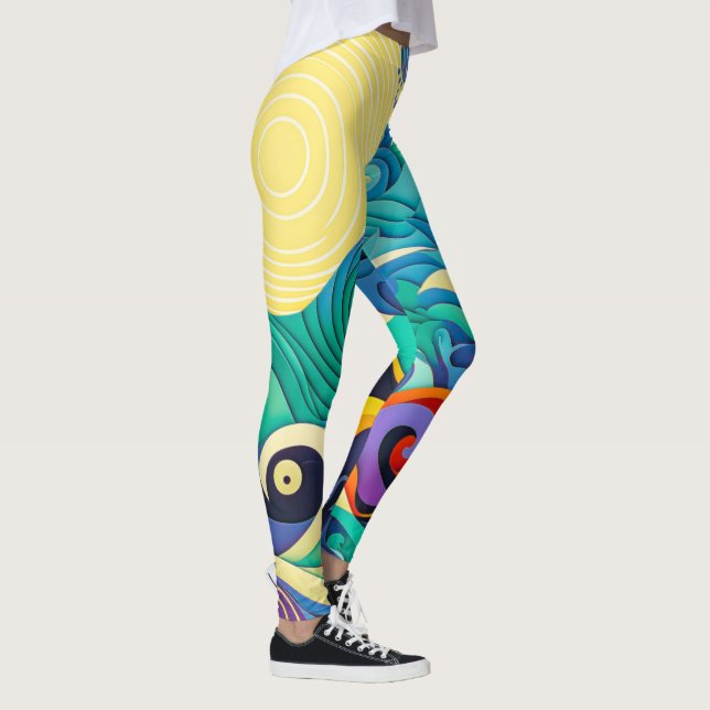 Abstract Colorful Sun Waves Line Art Illustration Leggings (Right)