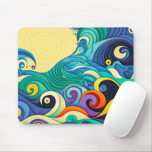 Abstract Colorful Sun Waves Line Art Illustration Mouse Pad