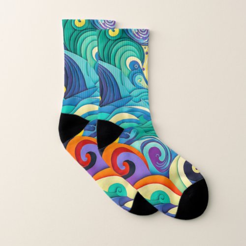 Abstract Colorful Sun Waves Line Art Illustration Socks