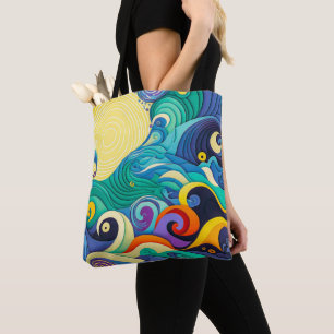 Abstract Colorful Sun Waves Line Art Illustration Tote Bag