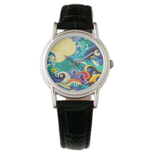 Abstract Colorful Sun Waves Line Art Illustration Watch (Front)