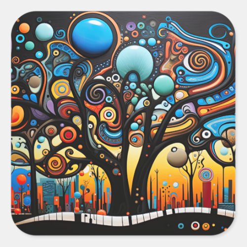 Abstract Colorful Swirl Tree Landscape Nature Square Sticker