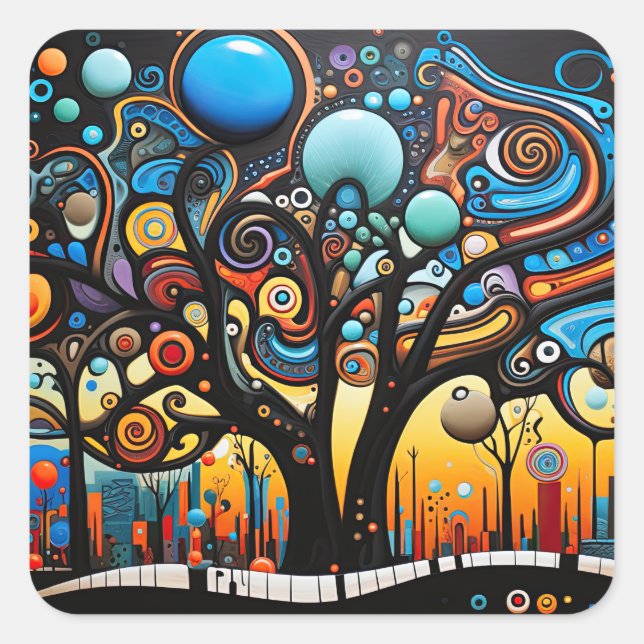 Abstract Colorful Swirl Tree Landscape Nature Square Sticker (Front)