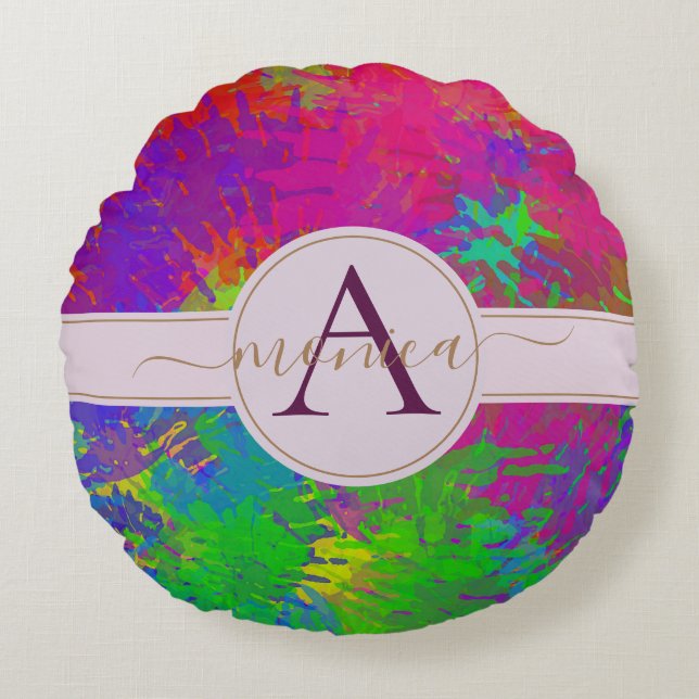 Abstract Colorful Tie Dye Pattern Monogram Name Round Pillow (Front)
