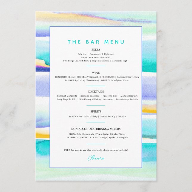 Abstract colorful tropical lines event custom bar menu (Front)