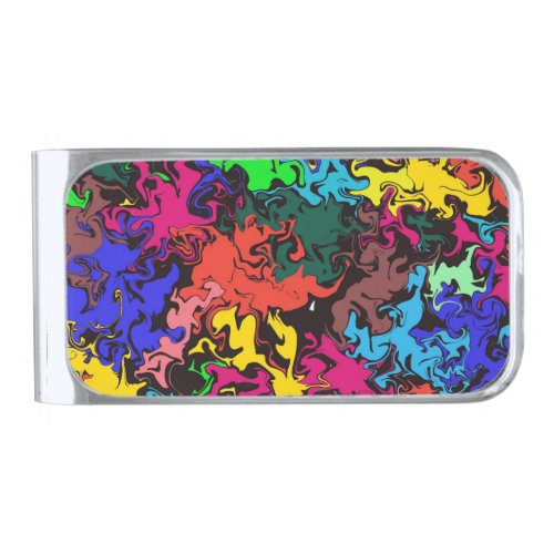 Abstract Colorful Twirls   Silver Finish Money Clip