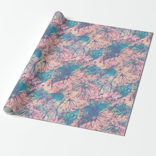 Abstract Colorful Watercolor Floral Pattern Wrapping Paper (Unrolled)