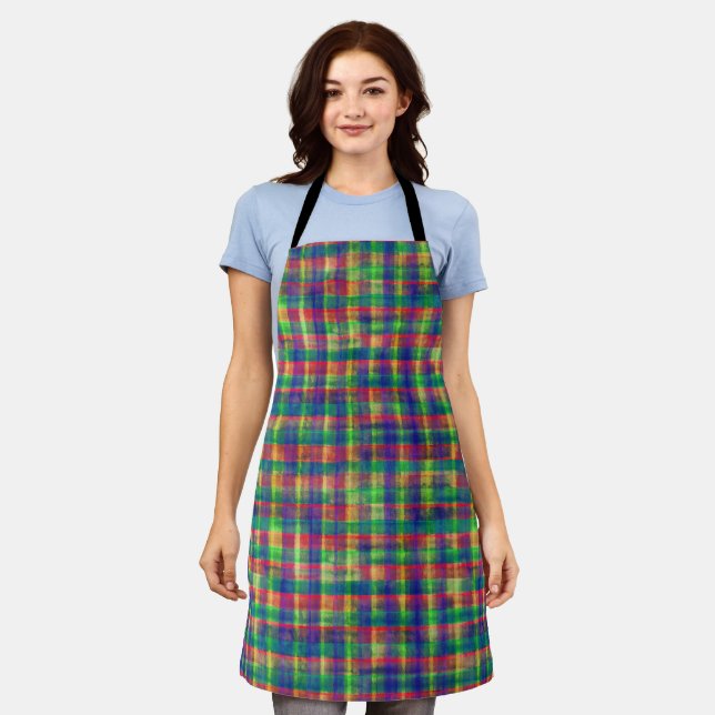 Abstract Colorful Watercolor Plaid Pattern Apron (Worn)