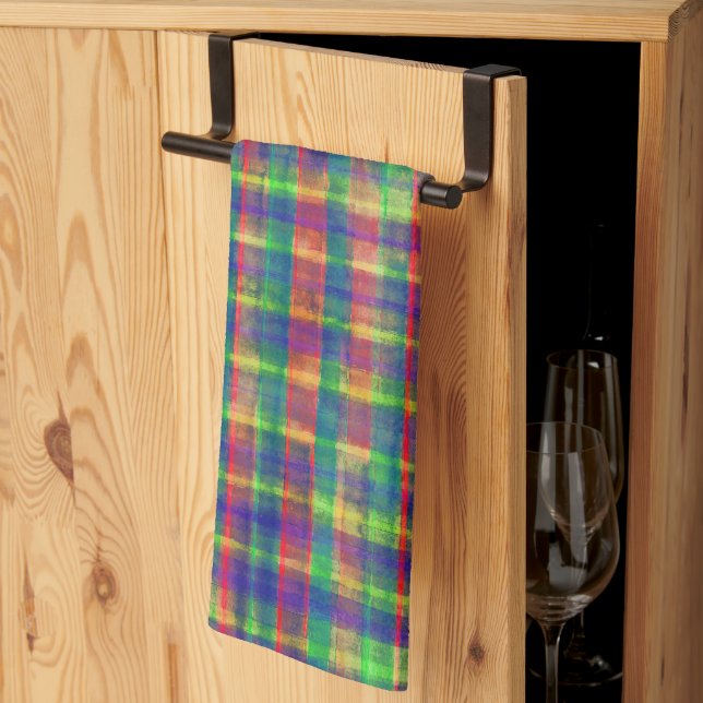 Abstract Colorful Watercolor Plaid Pattern Kitchen Towel (Thirds Fold)