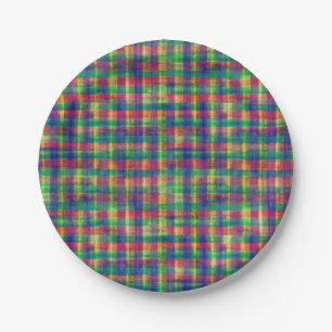 Abstract Colorful Watercolor Plaid Pattern Paper Plates