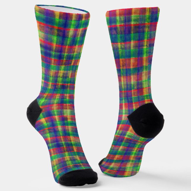 Abstract Colorful Watercolor Plaid Pattern Socks (Angled)