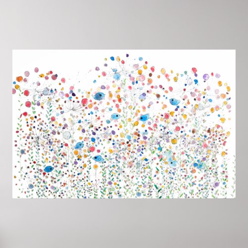abstract colorful wildflowers and birds watercolor poster
