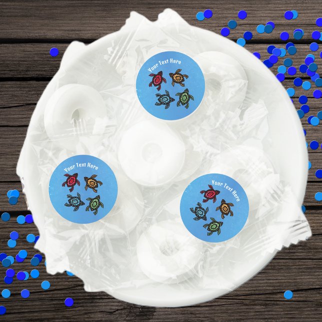 Abstract Colourful Turtles Blue water Bubbles Life Saver® Mints (Group four turtles colourful shells red, yellow blue, green on blue candy mint favour labels.)