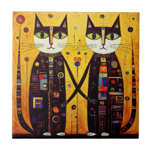 Abstract Companions: A Tale of Two Cats Ceramic Tile