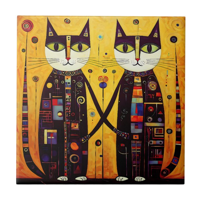 Abstract Companions: A Tale of Two Cats Ceramic Tile (Front)