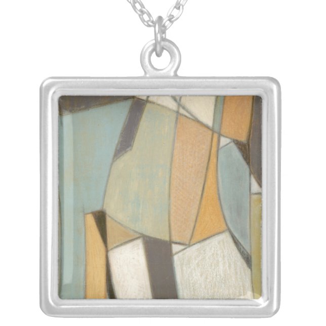 Abstract Composition with Muted Colors Silver Plated Necklace (Front)