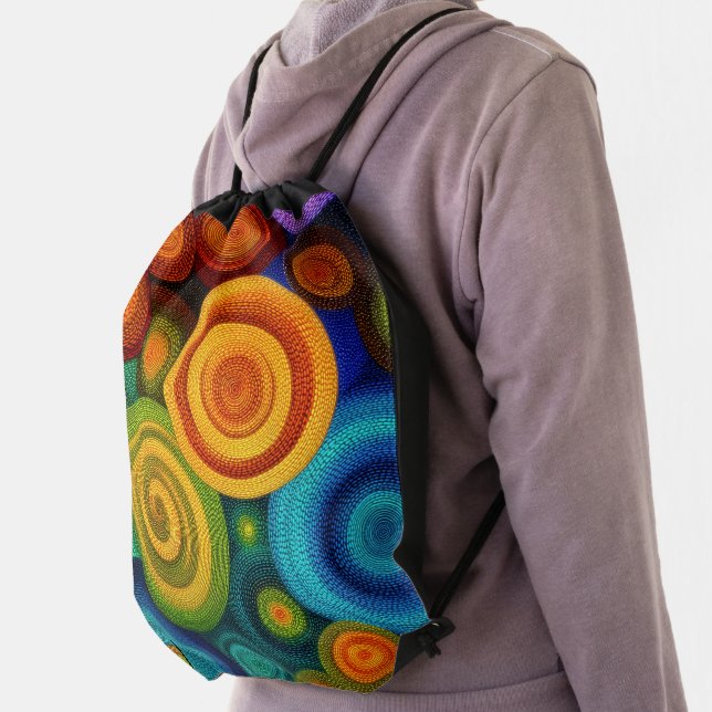 Abstract concentric circles in vibrant multicolor  drawstring bag (Insitu)
