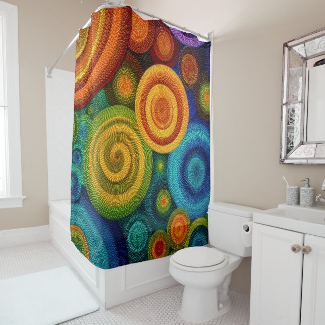 Abstract concentric circles in vibrant multicolor  shower curtain (In Situ)