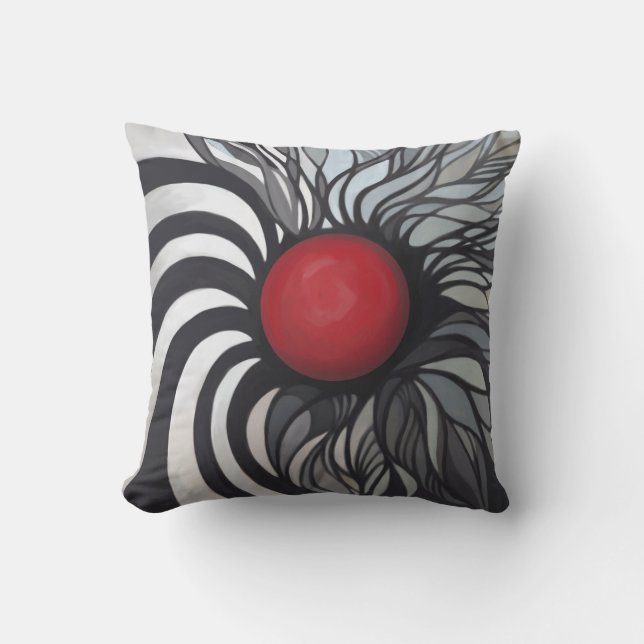 Abstract, contemporary, red circle, black, white outdoor pillow (Front)