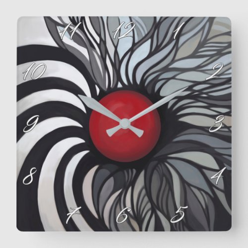 Abstract contemporary red circle black white square wall clock