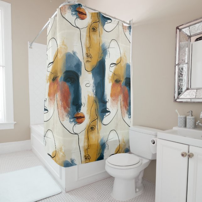 Abstract Continuous Line Art Women's Faces Pattern Shower Curtain (In Situ)