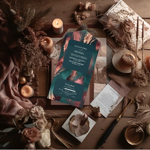 Abstract copper dark green dusty pink wedding all in one invitation