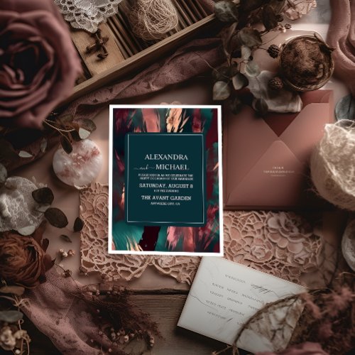 Abstract copper dark green dusty pink wedding invitation