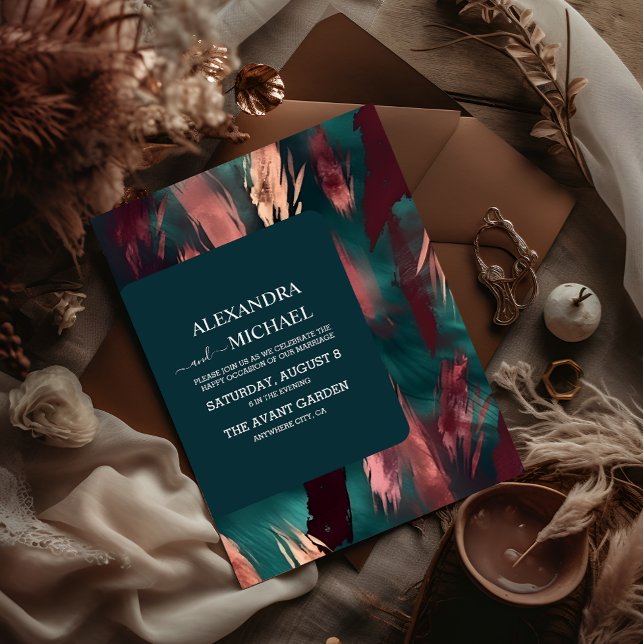 Abstract copper dark green dusty pink wedding invitation (Creator Uploaded)