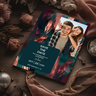 Abstract copper dark green dusty pink wedding save the date