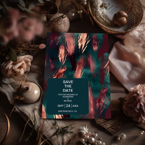 Abstract copper dark green dusty pink wedding save the date
