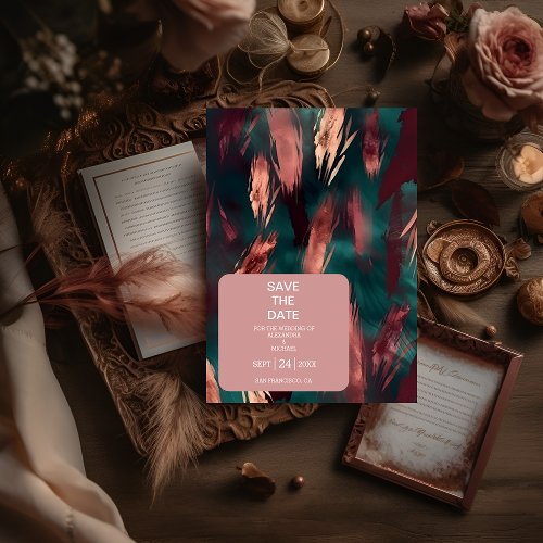 Abstract copper dark green dusty pink wedding save the date