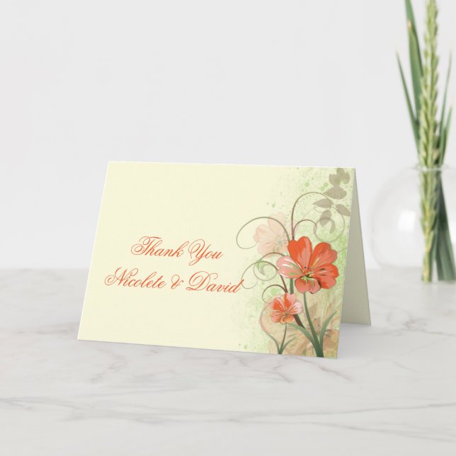 Abstract Coral Lime Flowers Swirls Thank You Card (Front)