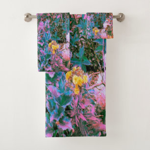 Abstract Coral, Pink Green and Aqua Garden Foliage Bath Towel Set
