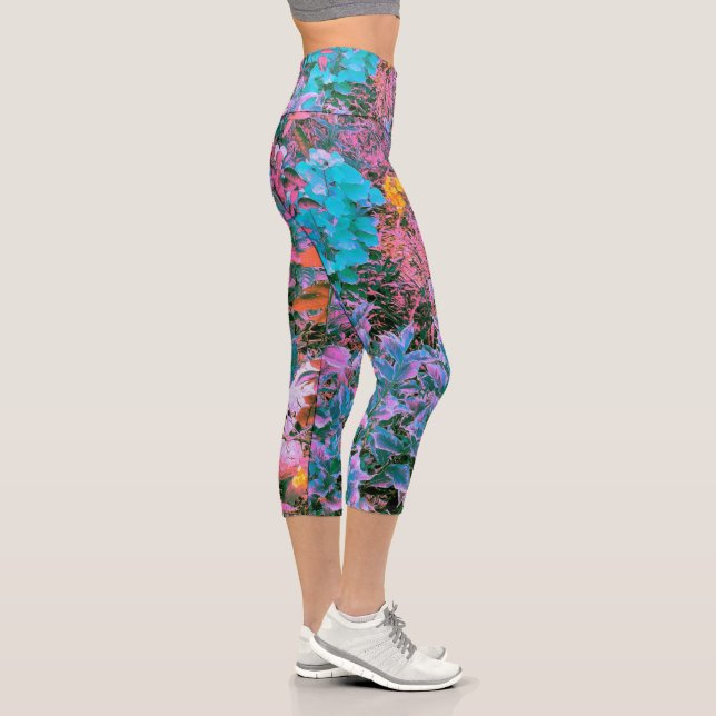 Abstract Coral, Pink Green and Aqua Garden Foliage Capri Leggings (Right)