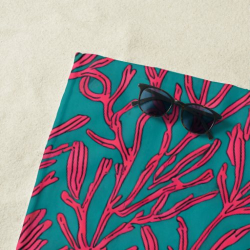 Abstract Coral Reef Pink and Teal Pattern Beach Towel