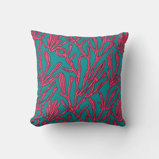 Abstract Coral Reef Pink and Teal Throw Pillow (Front)