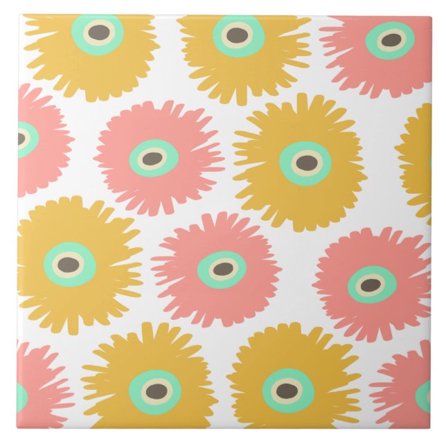 Abstract Coral Yellow Carnation Florals Ceramic Tile (Front)