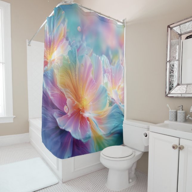 Abstract cosmic floral explosion in pastel shower curtain (In Situ)