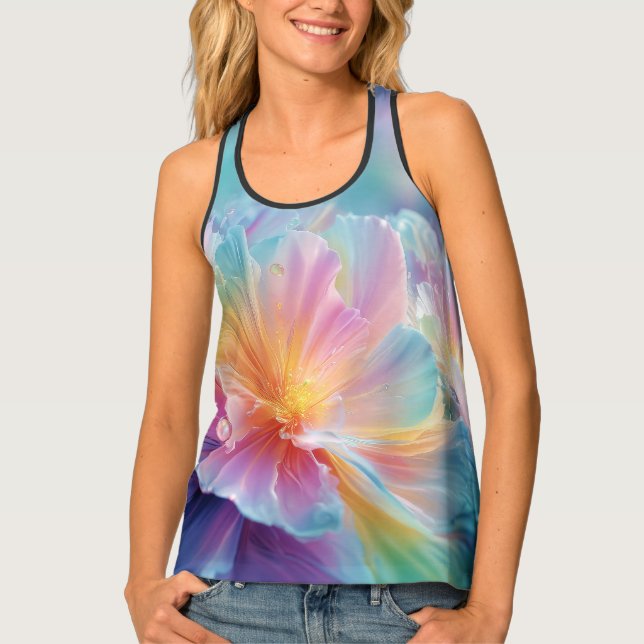 Abstract cosmic floral explosion in pastel tank top (Front)