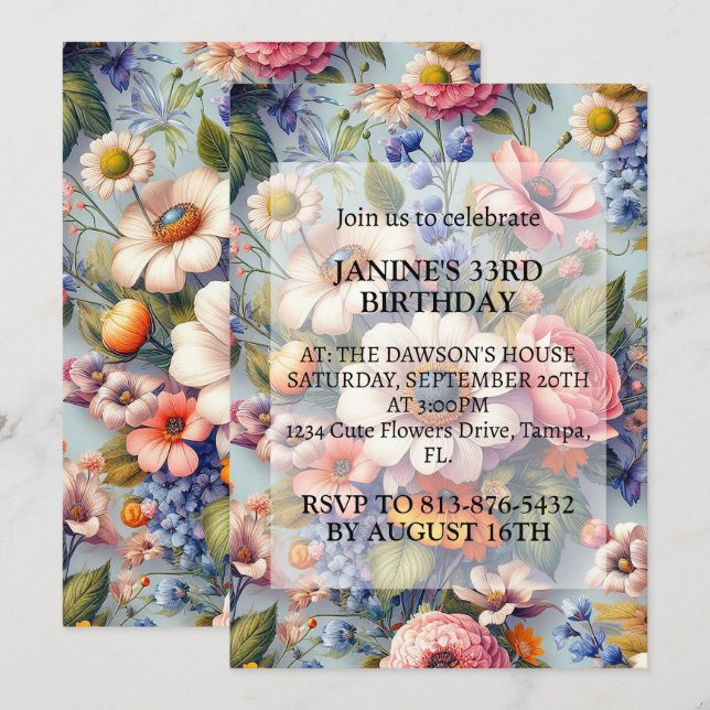 Abstract Creative Flower Art Birthday Party Invitation (Front/Back)