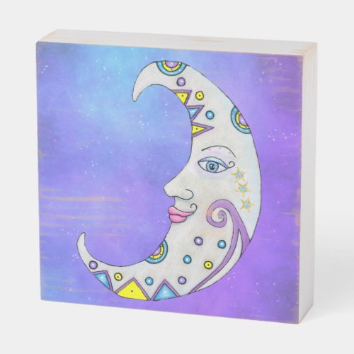 Abstract Crescent Moon Face Colorful Shapes Stars  Wooden Box Sign