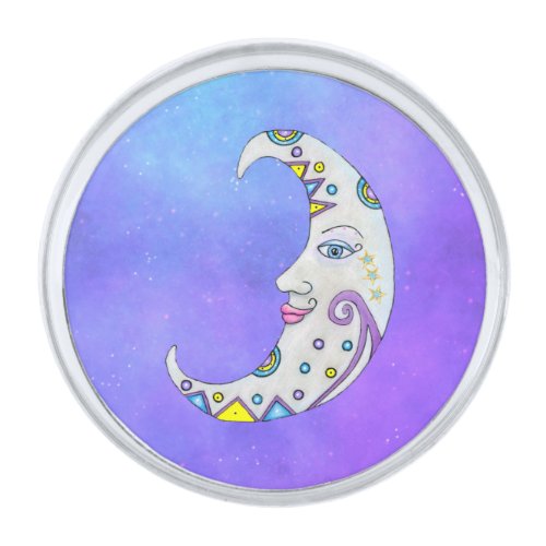 Abstract Crescent Moon With Face Geometric Shapes  Silver Finish Lapel Pin