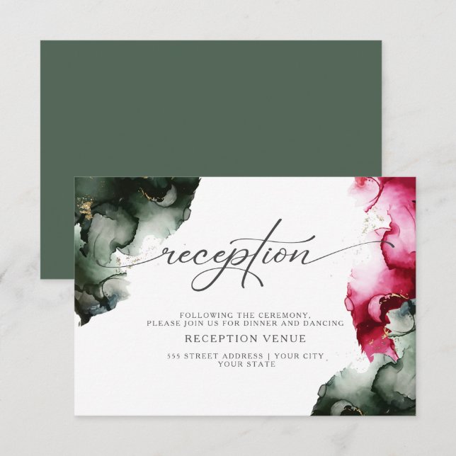 Abstract Crimson and Sage Green Reception Invitation (Front/Back)